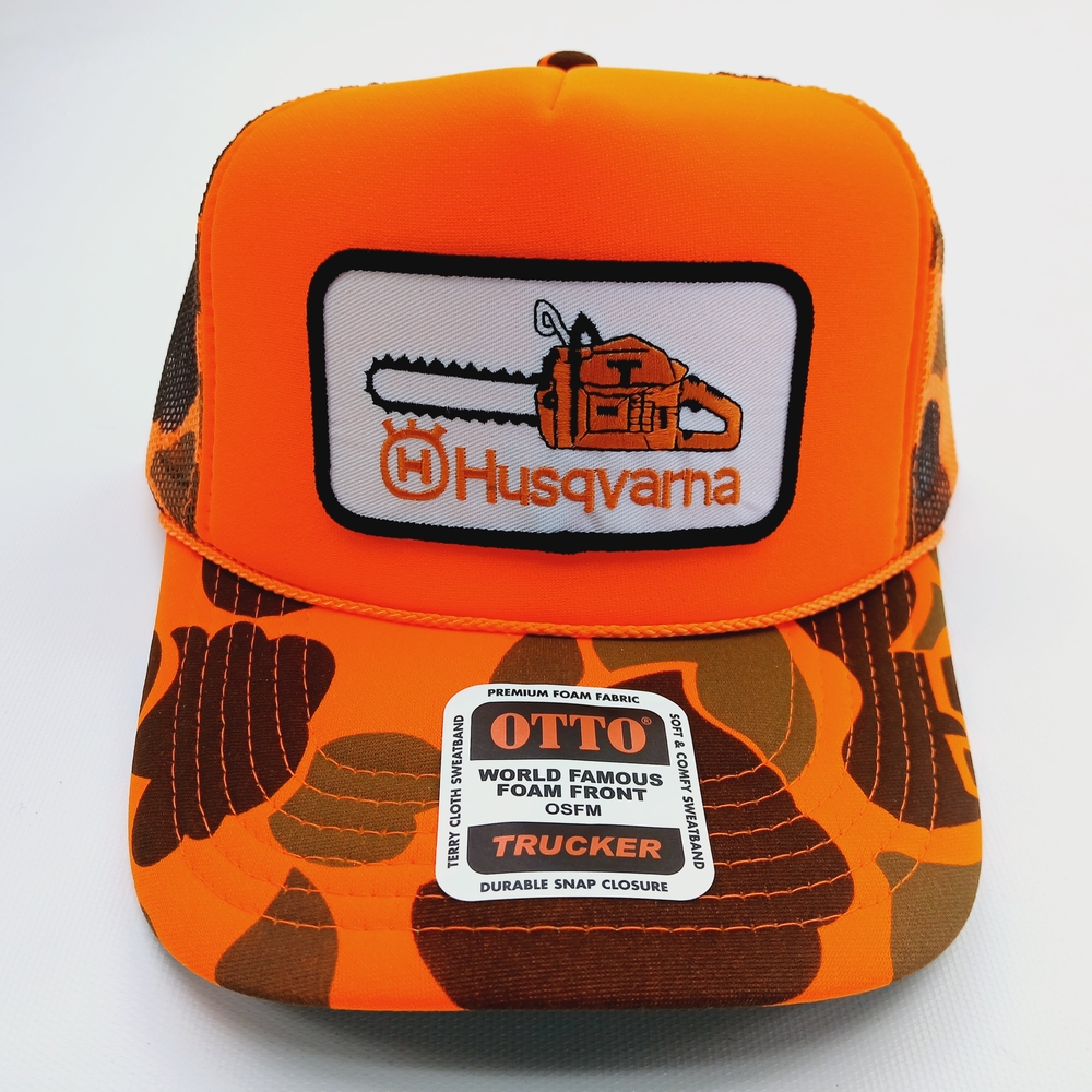 HUSQVARNA Patch Orange Camo HiVis Foam Trucker Mesh Snapback Hat Cap